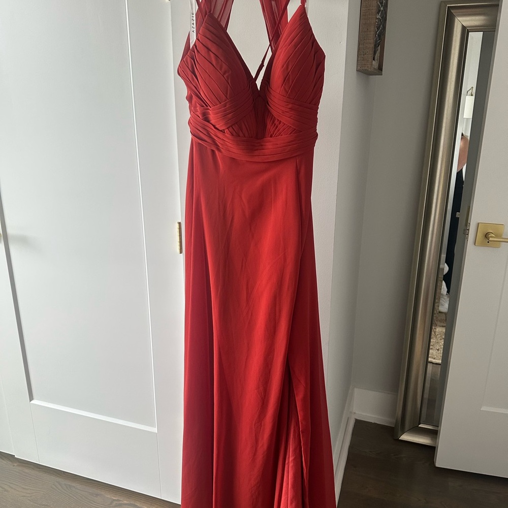 Azazie bridesmaids dress in terracotta